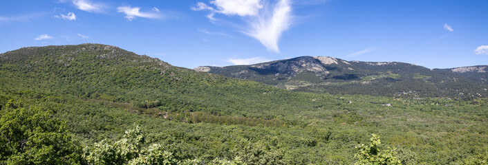 Panoramic mountain photograph with green trees and nature with blue sky