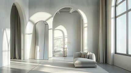a mid-modern light room with a captivating photograph showcasing an arched full-length mirror, reflecting the chic ambiance.