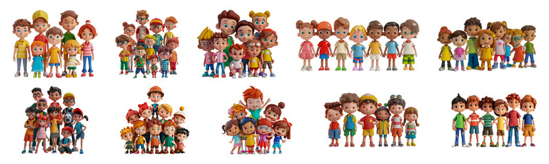 Obraz na płótnie Canvas Diverse group of animated children characters cut out png on transparent background