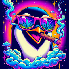Digital art of a psychedelic cool penguin smiling smoking a blunt