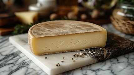 A sleek presentation of a cheese wedge slice on a marble slab. AI generate illustration - obrazy, fototapety, plakaty