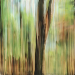A tree abstracted into vertical, blurred lines of green and brown shades. 
