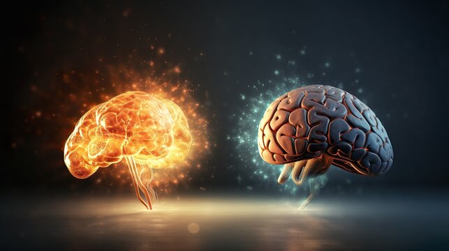 A fiery brain in a hot atmosphere opposes a frosty brain in a cold setting, symbolizing emotional and rational thinking