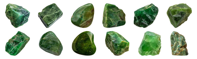 Raw jade stones in various natural shapes cut out png on transparent background