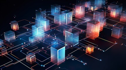 This image shows a network of glowing cubes floating against a dark background, illustrating connectivity and data