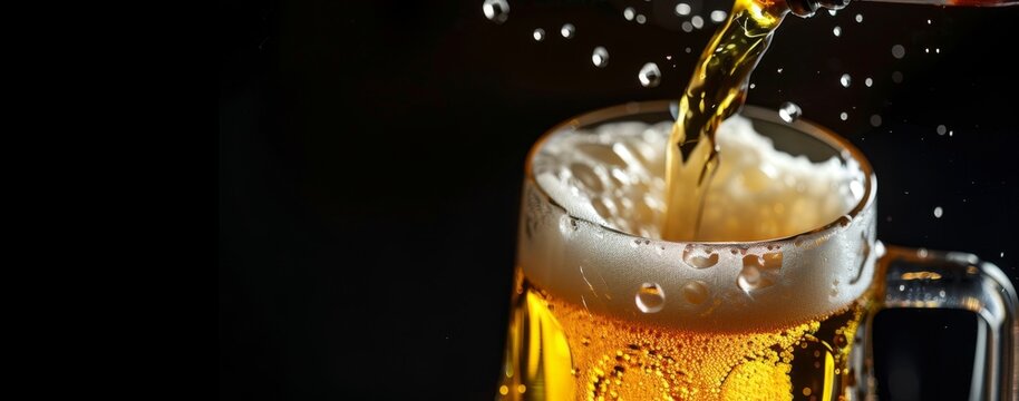 Close up of beer pouring into a glass mug on a black background, focus stacking, commercial photography Generative AI