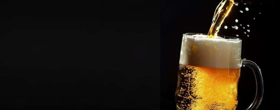 Close up of beer pouring into a glass mug on a black background, focus stacking, commercial photography Generative AI