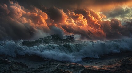 storm clouds gather above a turbulent ocean, where a lone boat battles the raging waters in a breathtaking display of resilience. - obrazy, fototapety, plakaty