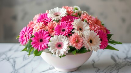Obraz na płótnie Canvas A beautiful arrangement featuring vibrant Gerbera daisies and delicate carnations