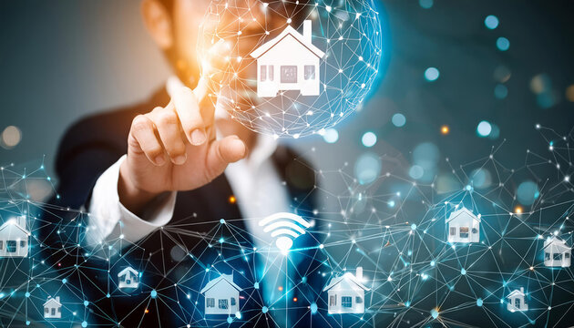 concetto di investimento immobiliare, dito puntato su icona di casa luminescente, investimenti nel real estate