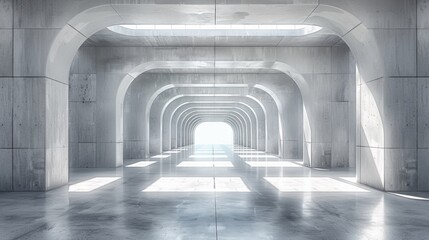 A long hallway with a lot of concrete pillars and windows, AI