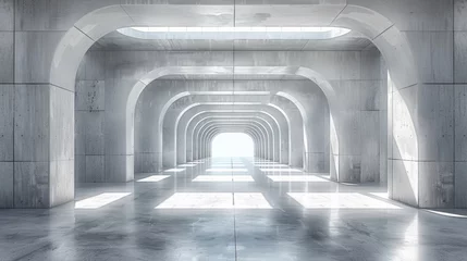 Fotobehang A long hallway with a lot of concrete pillars and windows, AI © starush