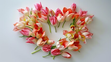 A heart crafted from the delicate petals of tulips blossoms with breathtaking beauty