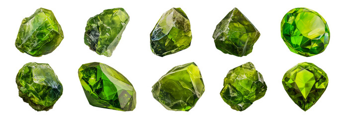 Brilliant cut and rough peridot gemstones cut out png on transparent background