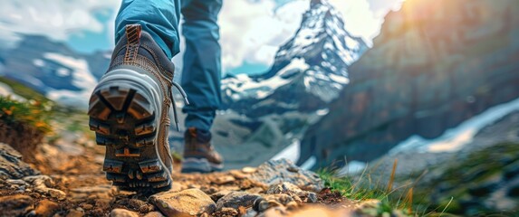 Person walking up mountain with feet in air - Powered by Adobe