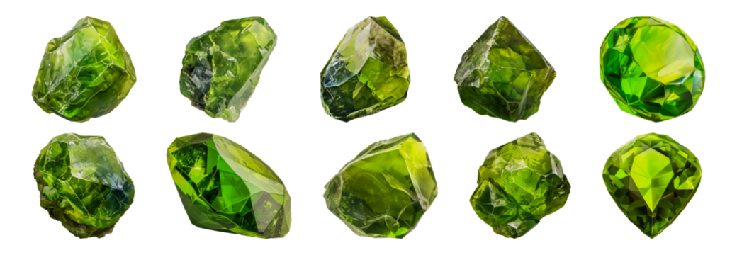 Brilliant cut and rough peridot gemstones cut out png on transparent background