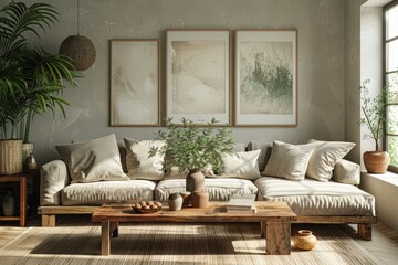 Stylish and cozy living room with a large beige sofa, modern art, and lush green plants