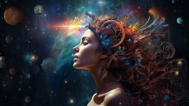 A surreal representation of a woman with space elements like stars, planets integrated into her flowing hair, giving a sense of unity with the universe