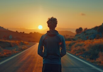 A man stands on the road at sunset
