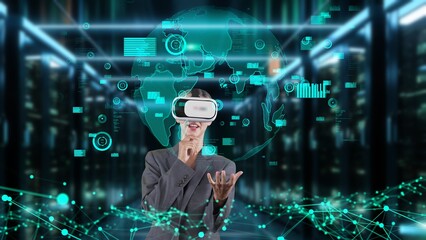 Businesswoman user making zoom with big data dynamic world market graph monitor by VR future global innovation interface digital infographic network technology visual hologram animation. Contraption.