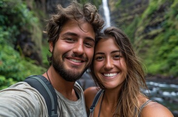 Fototapeta premium Man and woman posing in front of waterfall