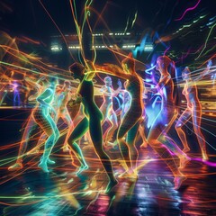 A group of people are dancing in a neon lighted room
