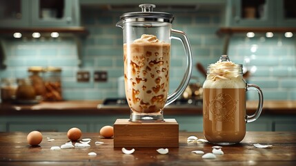  A blender rests atop a wooden table Nearby, a cup holds liquid, crowned with whipped cream