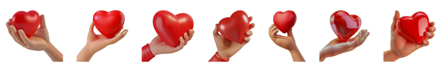 Various hands gently holding a red heart with care and love cut out png on transparent background