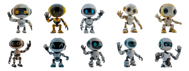Friendly futuristic robots waving in greeting cut out png on transparent background