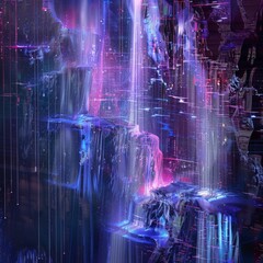 A colorful, abstract image of a waterfall with purple and blue hues