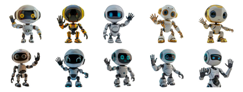 Friendly futuristic robots waving in greeting cut out png on transparent background