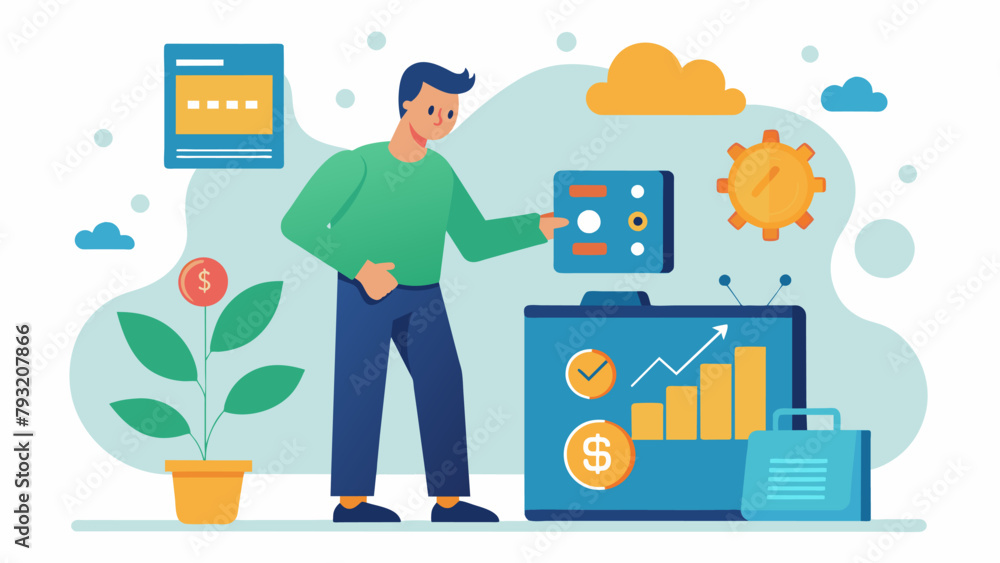 Poster a man setting up an automatic transfer to his emergency savings account every month in order to be p