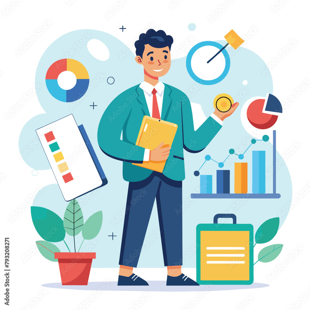 Poster a man in a suit holding a folder, examining business data with a focused expression, manager auditin