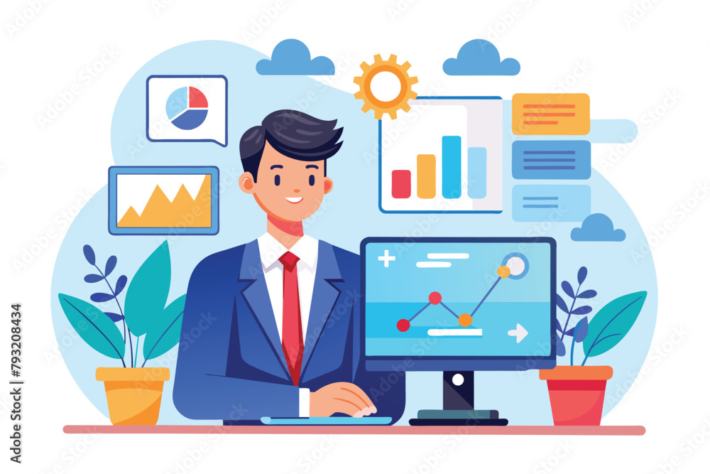 Poster manager working at desk with computer, manager controls business development on monitor screen, simp