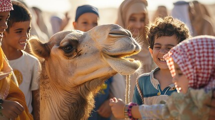 a camel encounter for kids in Saudi Arabia, where laughter and excitement fill the air as children revel in the unique experience, while spectators observe with delight. - obrazy, fototapety, plakaty
