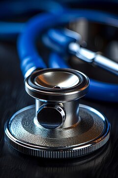 A stethoscope on a table with blue tubing attached, AI