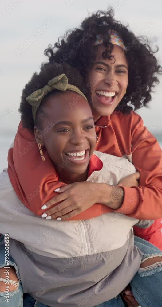 Poster Happy, travel and couple with piggyback at beach for love, support and romantic vacation in Maldives. Holiday, lgbtq and women with smile by ocean for lesbian pride, adventure and freedom on island