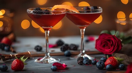  one berry-decorated rim, the other holding a rose as its centerpiece