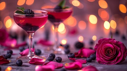   A tight shot of two wine glasses, one with a filled drink, the other empty, and a single rose on a table Background illuminated by soft lights
