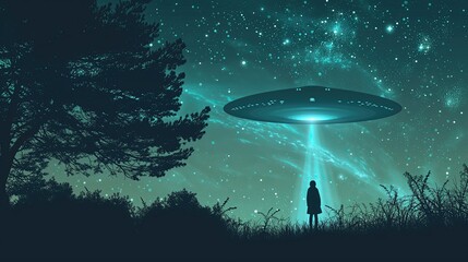UFO Sighting Concept Backdrop Outdoor Landscape,  Alien Encounter Illustration at Night, Science Fiction Background, Animated Scifi Wallpaper