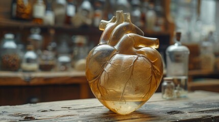 A glass heart on a wooden table with bottles and jars, AI