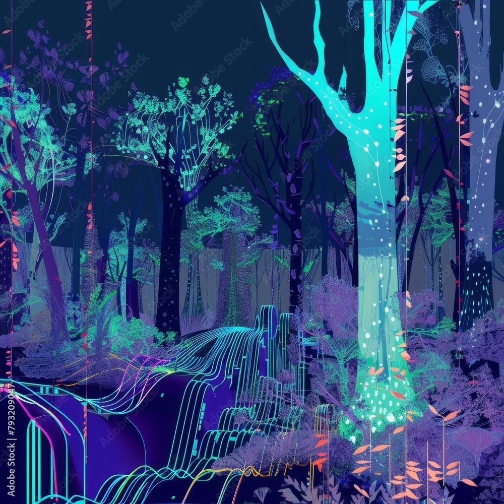 Poster Abstract tech forest with digital trees and neon leaves