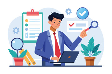 A man examines a laptop screen through a magnifying glass, Managers audit business rules, Simple and minimalist flat Vector Illustration
