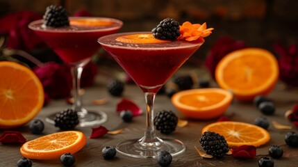   A tight shot of two glasses, each brimming with a drink, accompanied by blackberry garnishes