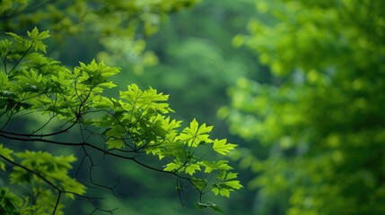 A vibrant green branch stands out against a lush green backdrop of nature