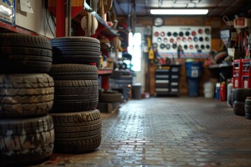 Garage ambiance with tire maintenance in progress.