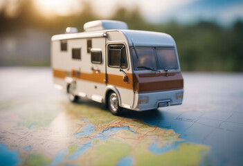 Caravan of travelers stands on a map against the backdrop of a landscape