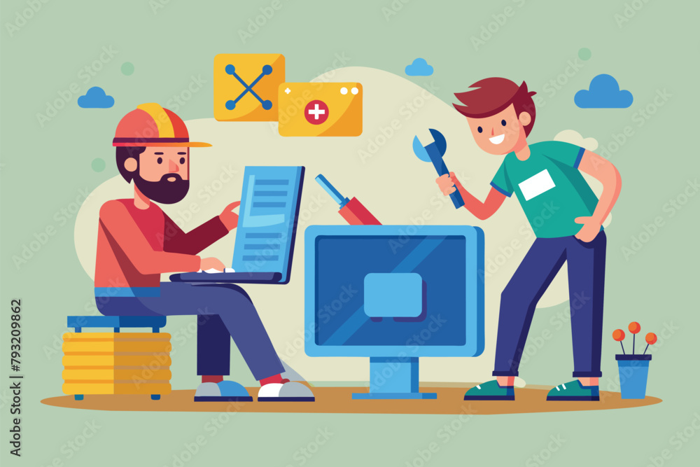 Poster man working on computer, another holding wrench, man and handyman fixing computer error, simple and 