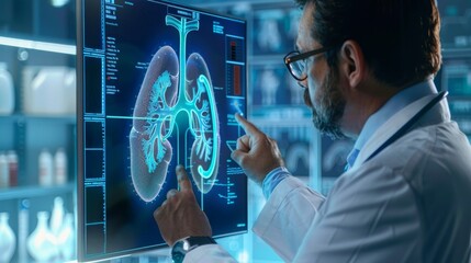 A doctor examining a kidney hologram, reviewing test results on a virtual interface, and analyzing data, showcasing advancements in kidney disease treatment and innovative medical technologies.