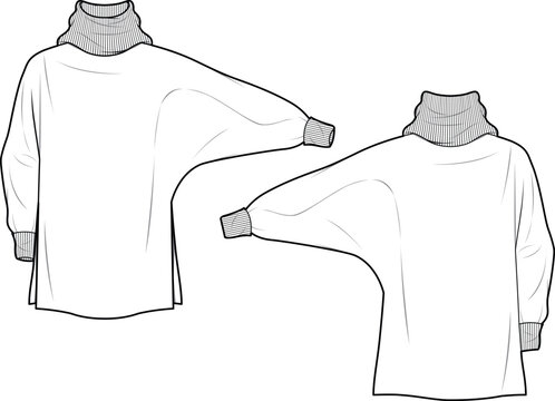 Women's Turtle Neck, Batwing Jumper. Technical fashion illustration. Front and back, white color. Women's CAD mock-up.